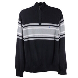 Nautica Black Color Block Mock Neck Long Sleeve 1/4 Zip Pullover Casual Sweater